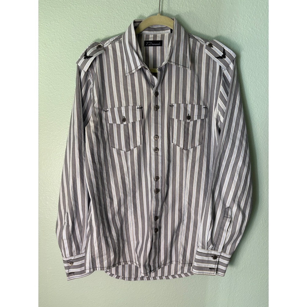 7 Diamonds Mens M Striped Button Up Shirt Grey Blue Epaulets Cotton Slim Fit